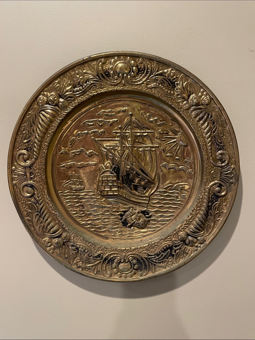 Vintage mid century brass clipper ship wall plaque